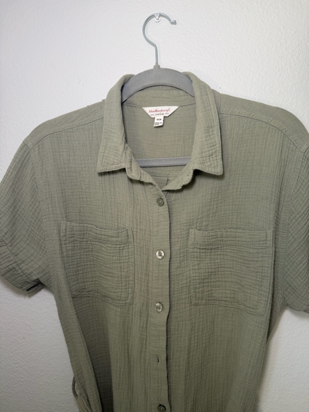 Size S 100% Cotton Olive Green Button-Front Gauzy Shirt Dress with Waist Tie - Picture 3 of 6